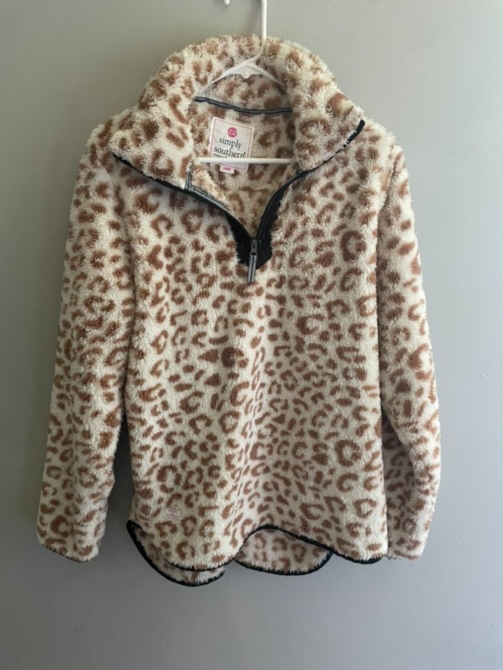 Simply Southern Leopard Sherpa Pullover Large Quarter Zip Fleece Cream Tan‎ Cozy